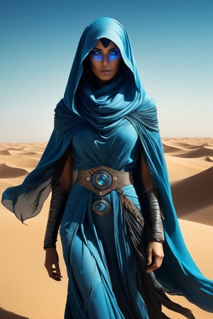 Desert woman, tanned skin, dark hair,  glowing blue eyes with both blue sclera and blue irises, dune fremen woman, headscarf and cloack of tattered fabric, desert wind, complex futurisitc suit showing wear, sand particles, standing among the sands of arrakis, futuristic fantasy, personification of beautiful mysterious soul,extremly intricate detailed,intricate motifs,by sparth, henrik sahlstrom, Jeremy Mann,Jean Beraud,Andree Wallin,Victor Gabriel Gilbert,Aaron Horkey,shallow depth of field,soft dramatic lighting,Craig Mullins,maximalist,pretty,Ray Tracing,Yoshikata Amano,Edwin Landseer,Ismail Inceoglu,Russ Mills,Victo Ngai,Bella Kotak,perfect composition,amazing depth,dreamy masterwork by head of prompt engineering, ghost person,more detail XL,Decora_SWstyle