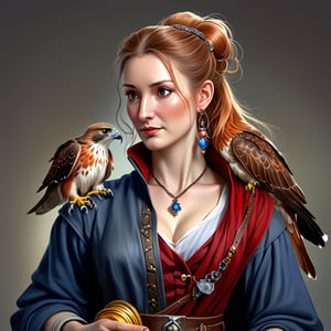 A character concept portrait of a human wizard woman with pale complexion, mousy messy long hair pulled back in a low messy bun, ((face reminiscent of Jane Seymour)), clever grey eyes, skeptical annoyed condescending expression, worn and layered traveling wizard clothing adorned with various magical trinkets, a spellbook and potion vials attached to her belt, and a magical red-tailed hawk perched on her shoulder. The background is detailed, with a captivating composition and color, blending fantasy and realism 