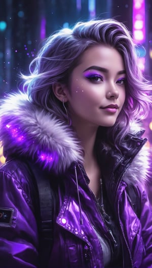 1girl, cyberpunk, fur trim jacket blowing in the wind, smirking, looking at viewer, selective color purple, purple glowing crystal, color only on glowing grystal, fine lines, ink sketch, white paint dots, highly detailed background setting, upward movement, dark fairytale mood, SelectiveColorStyle