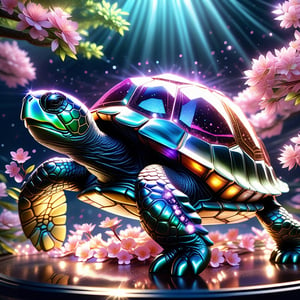 an epic crystal turtle with a sakura tree insid, chiaroscuro, glitter, sparks, 16k resolution photorealistic, masterpiece, breathtaking intricate details, realistic and lifelike cgi diorama, dramatic natural lighting, reflective catchlights, high quality CGI VFX fine art
