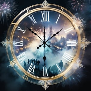 Double exposure of a group new years celebration overlaid over a clockface, layered, transparencies, double exposure style, collage digital photo illustration
