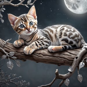 Detailed illustration of a regal bengal kitten laying on a branch, very highly detailed, intricate, magnificent, storybook silver moonscape, fantasy concept art, 8k resolution, hyperdetailed matte painting