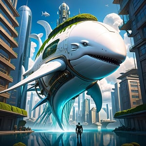 cute giant white robot whale with moss growing on it, floating cloud clear sky, building,futuristic  city view, amazing, glowing, fantasy, something that even doesn't exist, mythical being, sf, intricate artwork masterpiece, ominous, matte painting movie poster, golden ratio, trending on cgsociety, intricate, epic, trending on artstation, by artgerm, h. r. giger and beksinski, highly detailed, vibrant, production cinematic character render, ultra high quality model