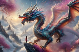 Close up scene of "1girl looking up at a Majestic dragon", ornate, elegant, scenic, glitter, texture shift,DragonConfetti2024_XL