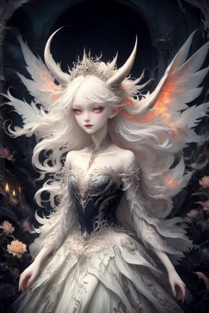 Ultra Realistic,
1 girl, (masterful), albino demon fairy, dark magic, Devil soul, Jinn, Demon, divine, clean skin, particles of lighting, multi color lighting fairy, (demon horns:1.2),
In her elegant attire, the albino demon girl embodies an enchanting blend of dark allure and Rococo refinement,meticulously crafted with cascading layers of lace, features a corseted bodice that accentuates her slender waist. Delicate silver embroidery adorns the edges of the gown, tracing ethereal patterns reminiscent of dragon scales.

The off-the-shoulder sleeves, Each sleeve is intricately detailed with feather-light lacework, resembling the delicate wings of a dragon,
Completing her look, the albino demon girl wears a silver tiara adorned with small dragon-shaped motifs,
A motley and decadent nightclub background,
, ,lis4,cutegirlmix,Christmas Fantasy World,renny the insta girl,Decora_SWstyle