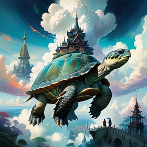fantasy shot of a giant cloud turtle in the sky with a cloud kingdom on its back: clouds: bright: cloud castles: spires: vibrant: wispy: fantastical: watercolor by heikala: by yoshitaka amano, ismail inceoglu, Steven spazuk, victo ngai: hyperdetailed: 8k resolution splash art: concept art: album cover art: fantasy: by Bella Kotak: intricately detailed: bright colors