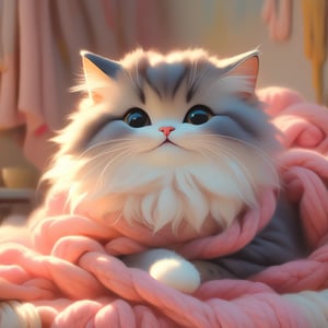 I want to paint a warm, soft, 

 cute small cat, chubby,  walking in living room,
wool blanket,
, smile, dreamy,
cozy picture that I can feel in warm becauseoo ,  cushions, blankets, scarf, and so on. 
ball of yarn,

dreamy, pastel-toned, romantic, warm, fantasy, mellow, soft, cozy, moist, morning light,

Silke Leffler, Gabriel Pacheco, Chihiro Iwasaki, Oliver Jeffers, captivating