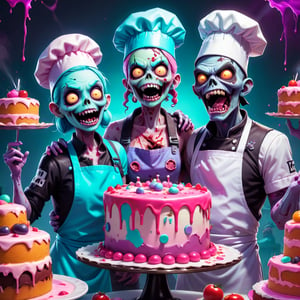 Pastel, a couple of zombies that are standing in front of a cake, mobile game background, cookbook photo, the artist has used bright, lich, fortnite skin, chef hat, adorable horrorcore cartoon, official art, dead and alive, cook, 2. 5 d illustration, pastel poster art by Martina Krupičková, ESAO, Chris LaBrooy, Ron English, Jean-Pierre Norblin de La Gourdaine, shock art, pop surrealism, fantasy art, lowbrow, artstation, behance contest winner, featured on deviantart, cake art, baking artwork, amazing illustration, game promo art
