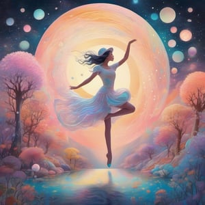 Pastel color palette, in dreamy soft pastel hues, pastelcore, pop surrealism poster illustration ||  silver dancer in a silver night. Swirly. Dynamic. Emotional. Luminous. Gorgeous. luminous colors, highly detailed, intricate motifs, watercolor and golden ink. Starscape background, Yoshikata Amano, Andy Kehoe, Ismail Inceoglu, Victo Ngai, hyperdetailed 8K resolution, perfect quality || bright hazy pastel colors, whimsical, impossible dream, pastelpunk aesthetic fantasycore art, beautiful soft pastel colors