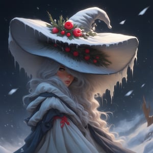 ((Ultra-detailed)) portrait of a beautiful wintermelancholia witch walking through the snow, leaving footprints in the snow, wispy skirt hem dragging through the snow, wearing a \(inkycapwitchyhat\) with white drips on the brim, detailed exquisite face,hourglass figure,model body,playful smirks,(dreamy opalescent snow shimmer, snow particles)
BREAK
(backdrop: a dreamy winter wonderland, castle ruins covered in snow, distant building with lights in the windows)
BREAK
Ultra-Detailed,(sharp focus,high contrast:1.2),8K,trending on artstation,cinematic lighting, abigail larson and magali villeneuve, by Karol Bak,Alessandro Pautasso and alberto seveso, Hayao Miyazaki, todd lockwood, sabbas apterus and yoshitska amano, rob gonsalves winter art, inkycapwitchyhat,photo_b00ster,real_booster,w1nter res0rt,portraitart