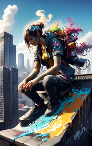 Dissolving person (made of graffiti:1.4) sitting on the roof of a skyscraper, tendrils of dissolving paint coming off of them, paint drops dissolving, graffiti dissolving, made of living graffiti, by Nychos, digital painting masterpiece, energy, rich color, artstation, unreal engine 5, fine details, detailed brushwork, 8k, clean image, contrast and depth, atmospheric perspective, reflections, chiaroscuro,Decora_SWstyle