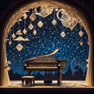 A whimsical world of wonder! 

In a dimly lit, ornate music hall, a majestic origami piano player unfurls amidst swirling clouds of paper-sheet-music, like a celestial being conjured from the cosmos. The room's intricate, fractal-inspired patterns evoke Zentangle's meditative essence.

The piano itself, crafted from delicate folds of music sheets, glows with an ethereal light, as if infused with the harmony and rhythm that fills the air. The player's paper-thin figure is poised, fingers poised to play a haunting melody on the instrument's intricately folded keys.

A wave of bokeh ripples across the frame, softening the edges of the scene while maintaining razor-sharp focus on the origami pianist. High-contrast lighting casts dramatic shadows, accentuating the 3D shading and textures of the paper sculpture.

In this dreamlike atmosphere, time seems to warp and bend, as if the very fabric of reality is being manipulated by the player's fingers. The camera captures every detail with hyperrealistic clarity, a 64-megapixel masterpiece that transports viewers into this fantastical realm.