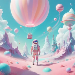 Pastel color palette, in dreamy soft pastel hues, pastelcore, pop surrealism poster illustration || tiny astronaut landing on planet candyland || bright hazy pastel colors, whimsical, impossible dream, pastelpunk aesthetic fantasycore art, beautiful soft pastel colors