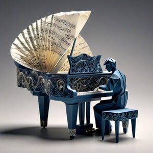 Create a detailed 3d render of a piano player made from paper-sheet-music folded into origami, elaborate faircore artmosphere, bokeh, HDR, beautifully shot, hyperrealistic, sharp focus, 64 megapixels, perfect composition, high contrast, cinematic, atmospheric, moody, abstract vector fractal, wave function, Zentangle, 3d shading