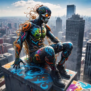 Dissolving person (made of graffiti:1.4) sitting on the top of a skyscraper, tendrils of dissolving paint coming off of them, paint drops dissolving, graffiti dissolving, made of living graffiti, by Nychos, digital painting masterpiece, energy, rich color, artstation, unreal engine 5, fine details, detailed brushwork, 8k, clean image, contrast and depth, atmospheric perspective, reflections, chiaroscuro