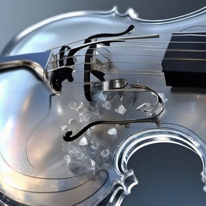 Close-up shot of a transparent glass crystal violin, refracting light through its translucent body. Inside, intricate shapes of musical instruments like pianos, guitars, and trumpets are etched in shimmering silver notes, swirling around the strings like ethereal fog. The violin's curves and crevices cast subtle highlights, as if illuminated from within.
