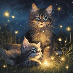 Two majestic Maine Coon kittens, their fur a soft whisper in the darkness, dash across a lush grassy field under the starry night sky ablaze with fireworks. Sparklers aglow in their mouths, they leave behind a trail of glowing sparks as if summoned from the void itself. Silhouetted figures sit on blankets, lost in wonder, as fireflies dance amidst the chaos of light and color. The kittens' paws barely touch the ground, their whimsical dance a testament to the magic that fills this enchanting illustration.