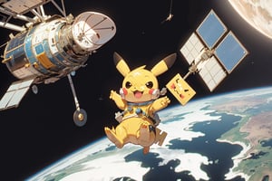 pikachu in space suite, astronaut pikachu, floating in space, earth in background, satellite, SF,pikachu, pikachu riding satellite,