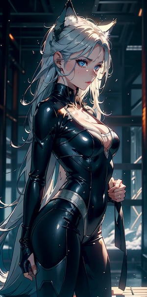 1female,45 yers old, medium breasts,solo, Wolverine costume uniform,Dressed in a black X-Men uniform,liquid clothing, Pornographic exposure,（Background with：coniferous forest,at winter season,Snow on the ground）  She has long flowing silver hair, hail,Bigchest, seen from the front, Facing the audience, Wet straight hair, Sweating profusely ,mostly cloudy sky,（tmasterpiece）,（Very detailed CG unity 8K wallpaper）,best qualtiy,cinematic lighting,detailed back ground,beatiful detailed eyes,Bright pupils,（Very fine and beautiful）,（Beautiful and detailed eye description）,ultra - detailed,facing at camera,A high resolution,ultra - detailed）,Very long hair,standing on your feet,Emotive expression,serious face, Extremely colorful,Most detailed,fully body photo,The face is well lit, wolf ear, front-view, body facing viewer, hands on waist