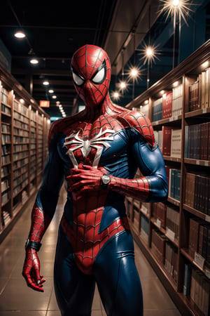 Cinematic photo thin, fine fractal glossy vivid colored ink sketch shiny contours outlines of librarian Spiderman. 35mm photograph, skinny, film, bokeh, professional, 4k, highly detailed, stands at the library, bsp,Night scene