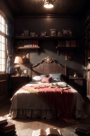 Cinematic photo, 35mm photograph, film, bokeh, professional, 8k, highly detailed, Night scene, Hogwarts bedroom at night, late night, Harry Potter's bed, gryffindor, highly detailed, lots of little things, traces of the tenant's presence, books, soft lightning,  