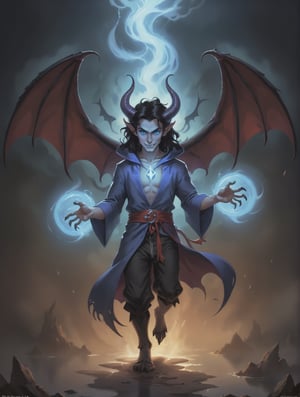 In this magical image of a male warlock, we see a handsomely dark and mysterious teenager with long black hair, pale blue skin, devil horns, and piercing glowing blue eyes. His blue robes billow around him as he soars through the mid-air using his demon-like wings. The warlock's striking features include sharp fangs, devil horns protruding from beneath his dark hair, and a captivating eldritch presence. Bathed in a mystical glow, the image portrays him floating effortlessly, showcasing his mastery of witchcraft and arcane arts. The full-bodied depiction, perhaps a painting, exudes a sense of high-quality artistry, capturing the mesmerizing allure of this supernatural being.


,High detailed ,IncrsAprobMeme,monster
