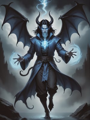 In this magical image of a male warlock, we see a handsomely dark and mysterious teenager with long black hair, pale blue skin, devil horns, and piercing glowing blue eyes. His blue robes billow around him as he soars through the mid-air using his demon-like wings. The warlock's striking features include sharp fangs, devil horns protruding from beneath his dark hair, and a captivating eldritch presence. Bathed in a mystical glow, the image portrays him floating effortlessly, showcasing his mastery of witchcraft and arcane arts. The full-bodied depiction, perhaps a painting, exudes a sense of high-quality artistry, capturing the mesmerizing allure of this supernatural being.


,High detailed ,IncrsAprobMeme,monster