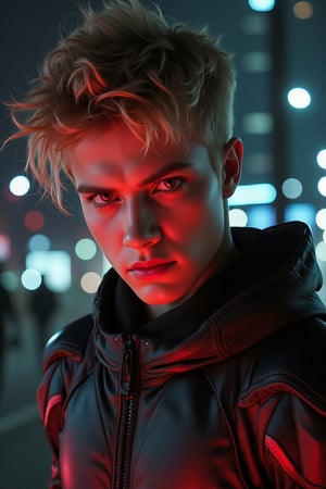 Create super high resolution image of Chris guy is 19 years old, he's taller, he has stunning fit figure, Chris has red eyes, blonde messy hair, he's angry, furious. At night. He wears fitness futuristic outfit. Cinematic light. Photorealistic. Ultra detailed. Sharp focus.