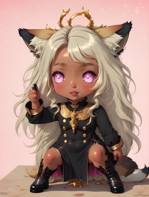 An anime manga fox hybrid girl, Latina brown dark tanned skin, long GOLDEN BLONDE, DARK-BLONDE wavy hair, PINK eyes, pink irises, black lacy pirate girl outfit with fox accents, tiny black and white dress with lace and thin breezy fabrics, distinctive golden fox ears and golden fox tail, South American fantasy. Full body pose. In the scene, she is stealing some bread

,High detailed ,IncrsAprobMeme