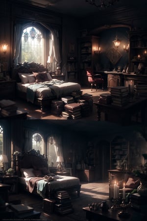 Cinematic photo, 35mm photograph, film, bokeh, professional, 8k, highly detailed, Night scene, Hogwarts bedroom at night, late night, dark night, romantic mood, bed at gryffindor, highly detailed, lots of little things, traces of the tenant's presence, books, little of lighning, romantic lightning,  