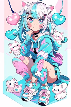 Kawaii girl, multicolored hoodie, palstel color hair, fluffy cat ears, bows in hair, hearts at the background, hairpins, neon color sneakers, 