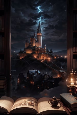 Cinematic photo, 35mm photograph, film, bokeh, professional, 8k, highly detailed, Night scene, Hogwarts bedroom at night, late night, dark night, romantic mood, gryffindor, highly detailed, lots of little things, traces of the tenant's presence, books, little of lighning, romantic lightning,  