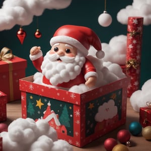 a close-up of a cute clouds Santa in a box, saturated, gloomy, Xmas vibes