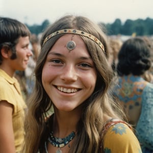 a close-up of a 25 yo smiling hippie girl, 1960s, analog photography 50mm, Kodakchrome, woodstock festival in the background, desaturated