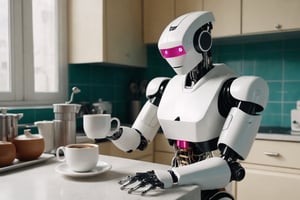 a next level robot making a coffee in the kitchen, best aesthetic, absurdres, 1990s (style)