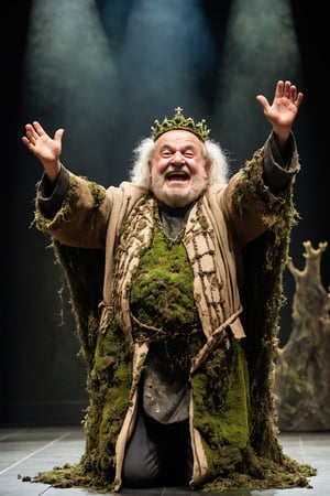 Desert opera. An old king is wearing clothes made of moss and mold. Laughing, holding arms up.