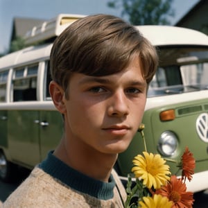 a close-up of a 20 yo flower boy, 1960s, analog photography 50mm, Kodakchrome, a vw bus in the background, desaturated