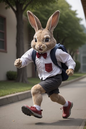 close up of little bunny student, running to school, rabbit foot