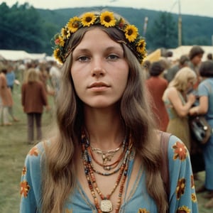 a close-up of a 25 yo hippie girl, 1960s, analog photography 50mm, Kodakchrome, woodstock festival in the background, desaturated