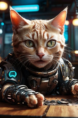 masterpiece, RAW photo, 16k resolution, extremely detailed, realistic skin, realistic textures,Cybertronic elements, pores. 

Intensely detailed portrait photo of a happy cat on a table  in a cyberpunk cafe