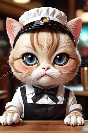 masterpiece, RAW photo, 16k resolution, extremely detailed, realistic furr, realistic textures,Cybertronic elements, , big eyes pores. 

Intensely detailed portrait photo of a cute chibi cat as waitress