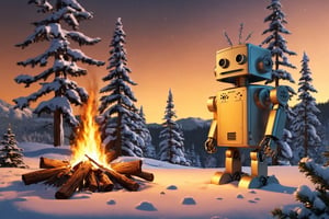 xmas  robot, campfire, trees in the backgroudn, golden hour, snow landscape