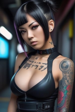 sexy cyberpunk japanese girl, manga style, serious face, tatooed chest