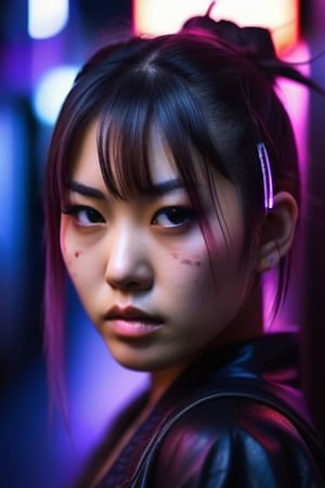 cyberpunk japanese girl looking at you, very dirty, serious face, night, neons lights