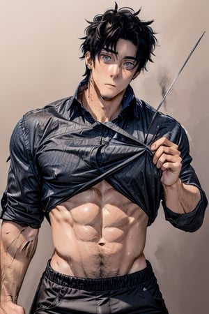 masterpiece, best_quality, 1_handsome_guy, piercing_blue_eyes, beautiful_face, arrogant_look, messy_hair, black_hair, shirt_open, tight_pants, athletic_fit, large_pectorals, fair_skin, thic_eyebrows, navel_hair, VPL, unsheathing_a_katana, gothic_background, 5_figners, real_hands, s13_suyo, silver_choker