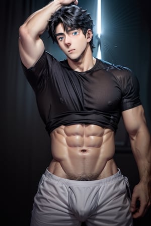 masterpiece, best_quality, 1_handsome_guy, blue_eyes, beautiful_face, piercing_blue_eyes, arrogant_look, black_hair, shirt_open, tie, athletic_fit, large_pectorals, fair_skin, toby_this_guy, thic_eyebrows, navel_hair, VPL, holding_a_katana, gothic_background,