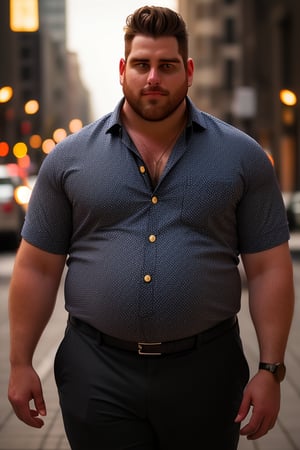 30 year old man,  toned build with a giant ball belly, 600 pound belly, rakish good looks, unkempt short hair, wearing small button down shirt, shirt tearing off his big gut, soft cinematic lighting, bokeh, highres