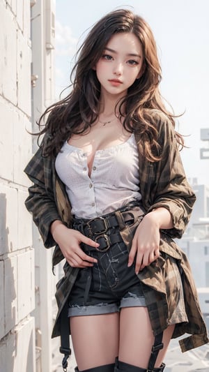 1girl, solo, long hair, (white checked shirt), (low rise cargo shorts), (waist belts), (black boots), Confidence and pride,1 girl ,beauty,Young beauty spirit, realistic, ultra detailed, photo shoot, raw photo,(brilliant composition),fullwhite_background
