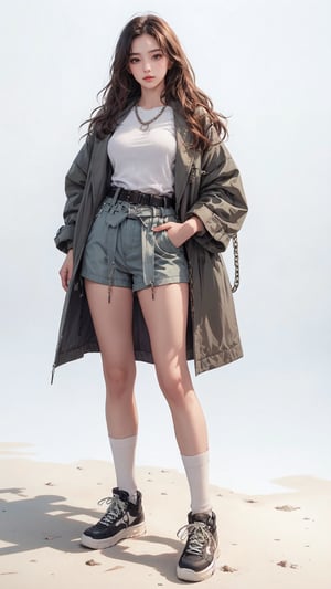 1girl, solo, long hair, (blue oversized coat), (low rise cargo shorts), (waist belts), (black knee high socks), (red sneakers), (long neck chain), Confidence and pride,1 girl ,beauty,Young beauty spirit, realistic, ultra detailed, photo shoot, raw photo,(brilliant composition),white_background