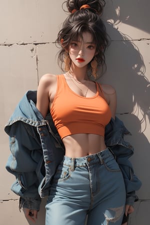  A beautiful girl with a slim figure is wearing a cool jacket and laid-back hippie-style orange crop top and baggy pants, hip-hop style clothing. Her toned body suggests her great strength. The girl is dancing hip-hop and doing all kinds of cool moves. Shot from a distance.,Sohwa,medium full shot